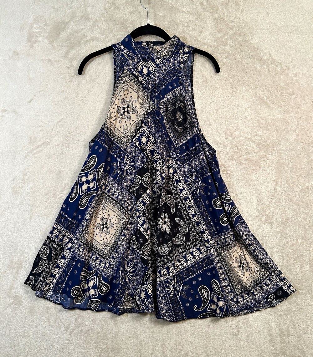Intimately Free People Mini Slip Dress S Blue Paisley Bandana Bohemian Artsy